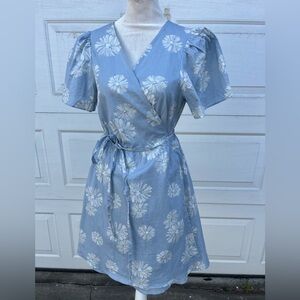 Women's Madewell Blue Floral Print Daisy Wrap Cotton Mini Dress Medium